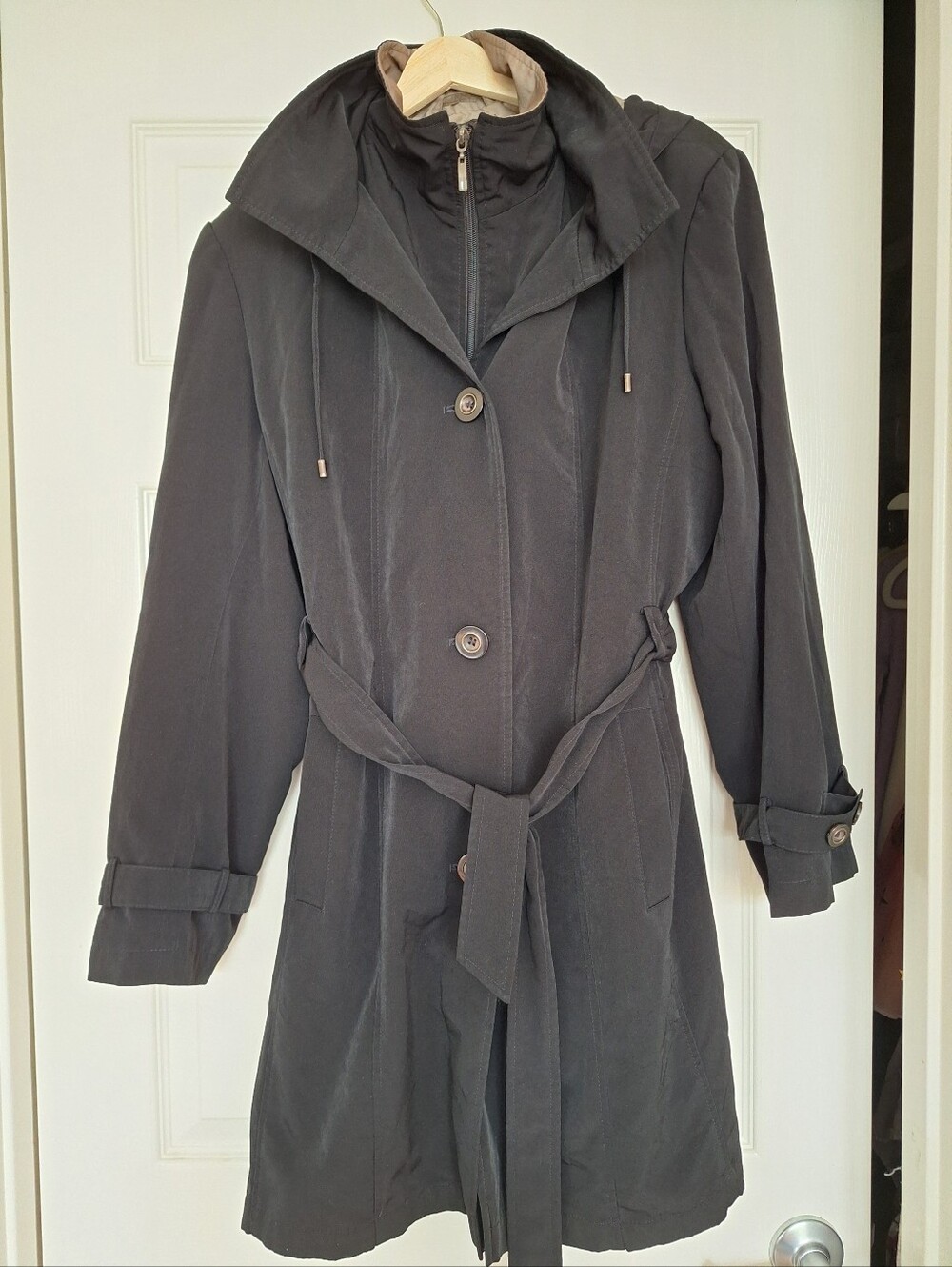 Gallery Women XL Black Trench Coat Detachable Hood Double Zip Jacket Shell Only